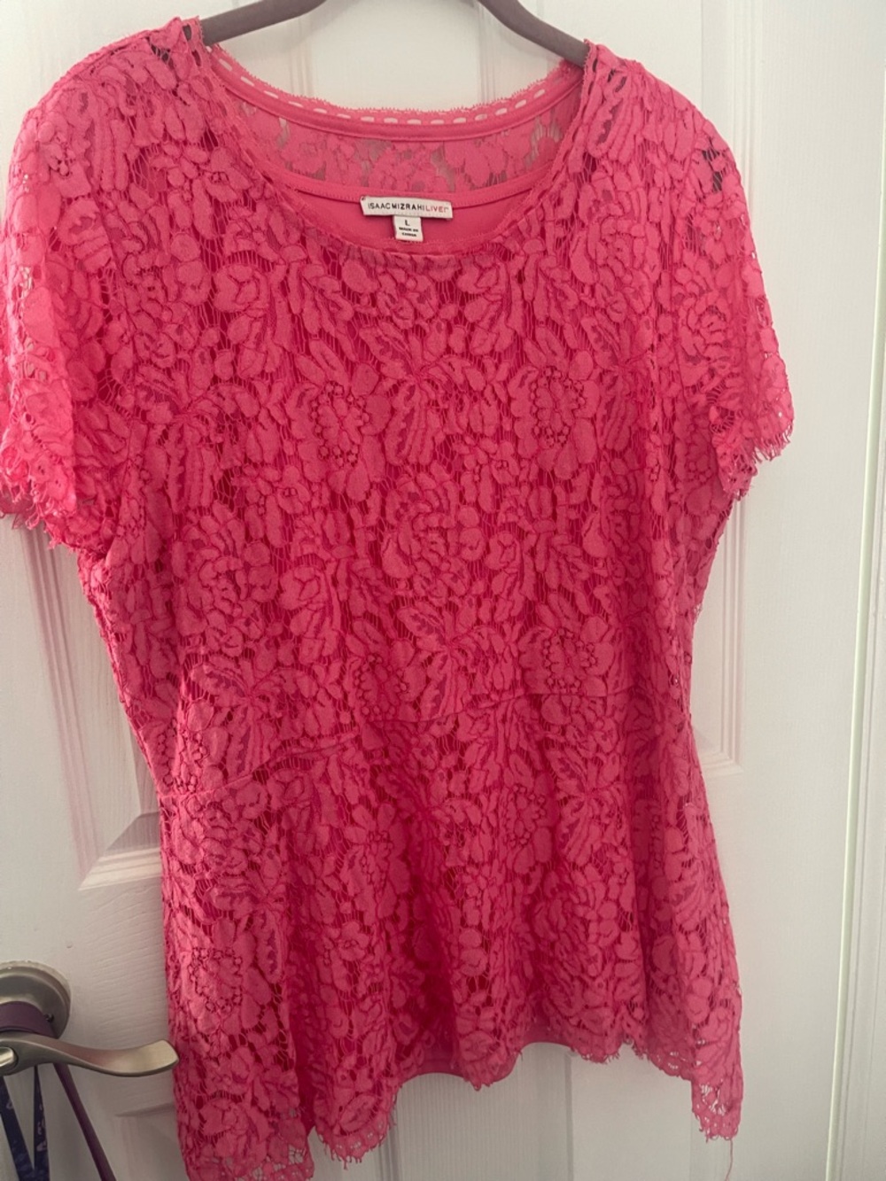 Isaac Mizrahi Bright Pink Floral Lace Short Sleeve Peplum Tunic